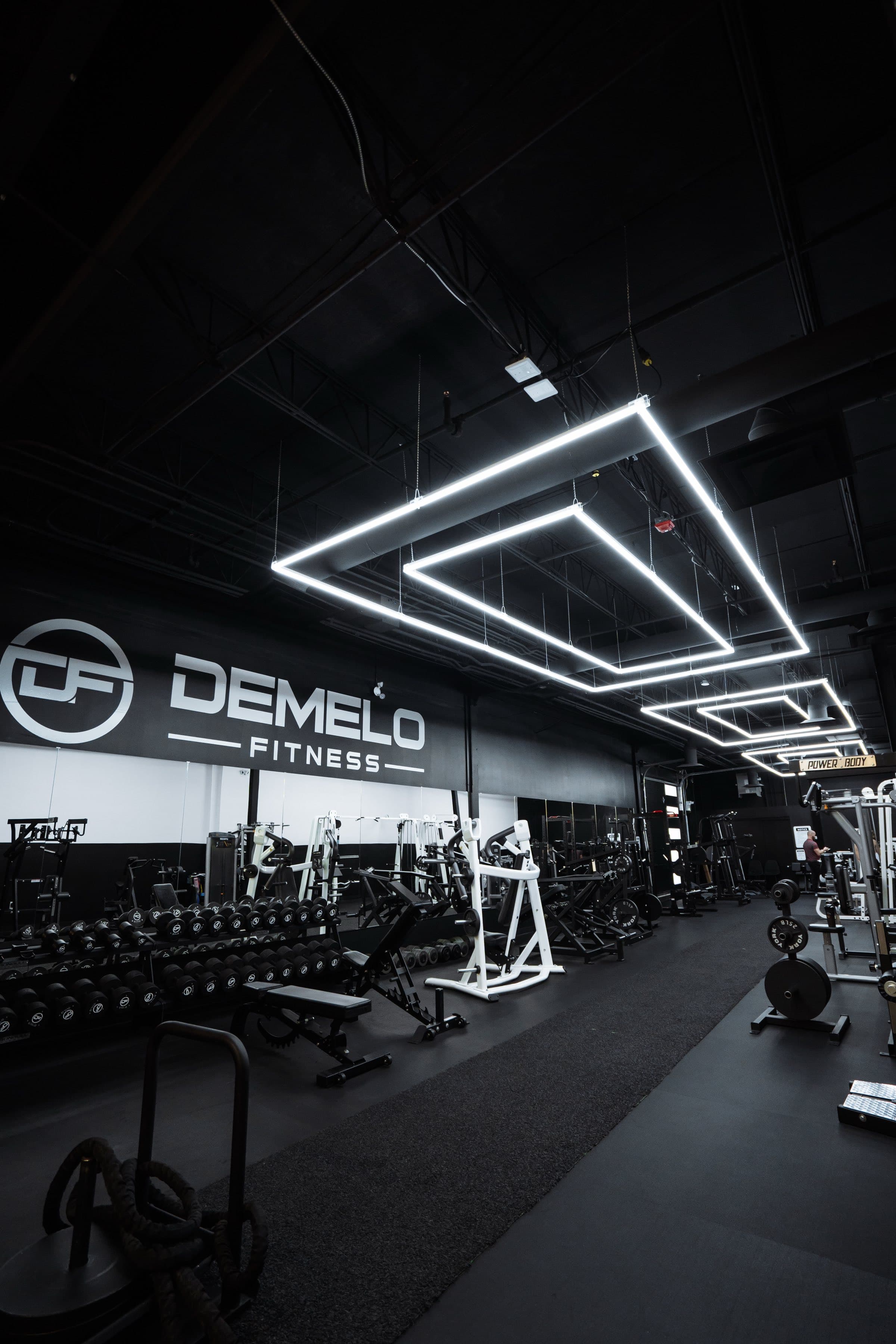 The DeMelo Fitness branded wall above the dumbbell rack and free-weight floor