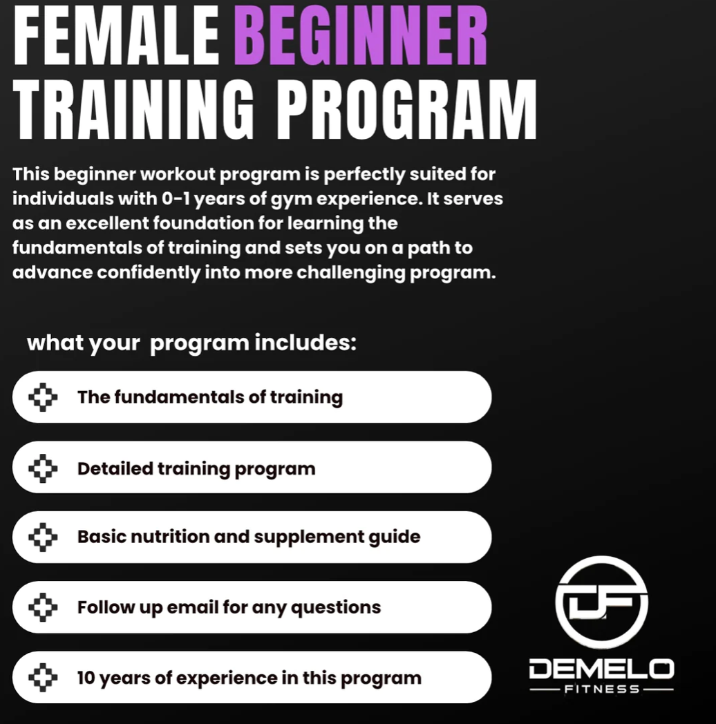 Details for the Female Beginner training package provided. The package includes training fundamentals, a detailed training program, a basic nutrition and supplement plan, weekly, and unlimited contact with your coach of 10+ years experience