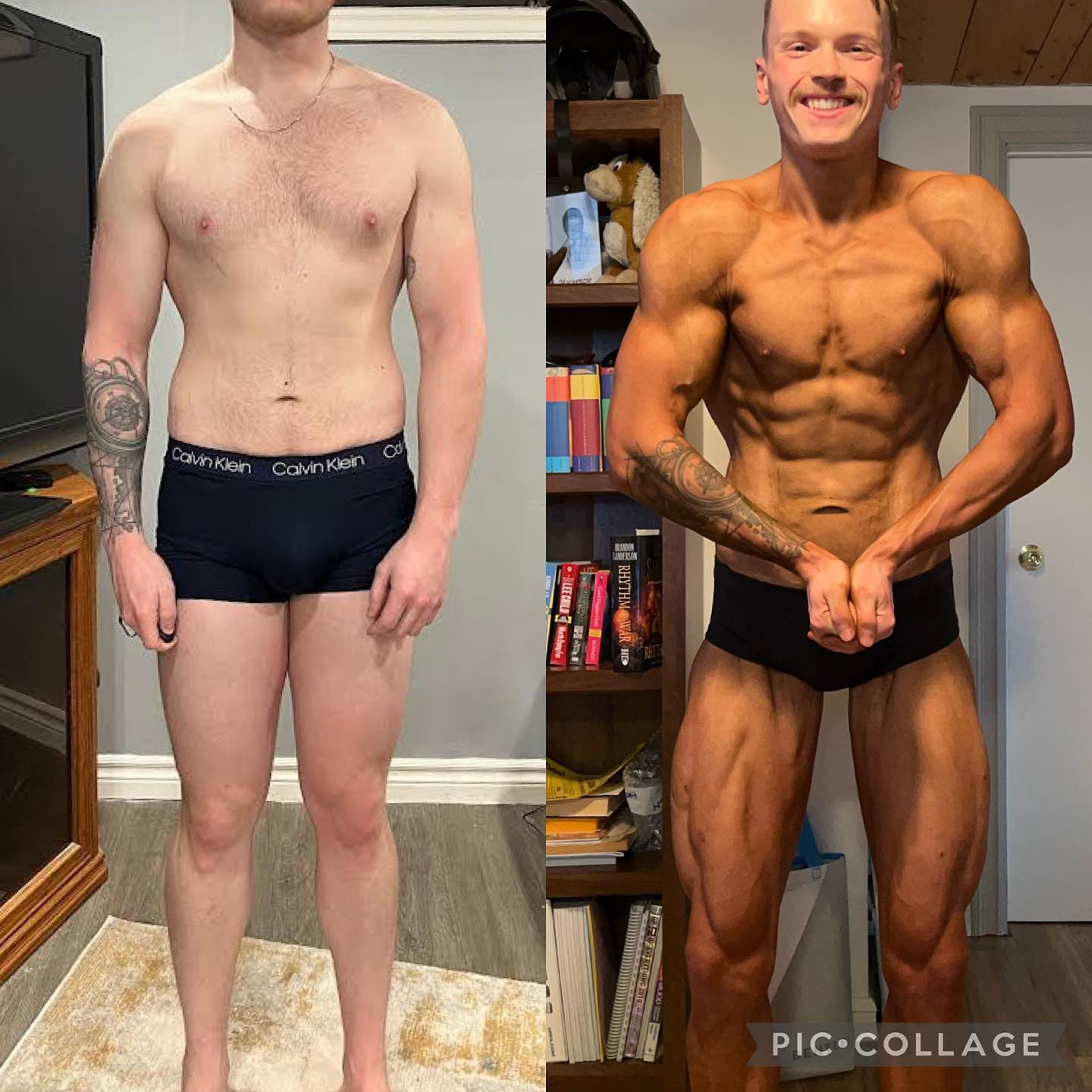 Client transformation. Split down the middle, the left image is a before shot of a male in boxers showing his physique. The right image is an after shot of his transformation becoming more muscular and flexing for the photo.