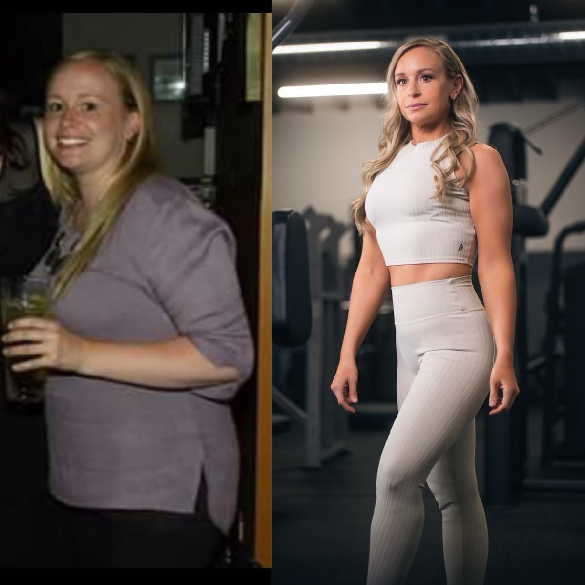 Client transformation. Split down the middle, the left image is a before shot of a female holding a drink. The right image is an after shot of her transformation posing in a gym for the photo.