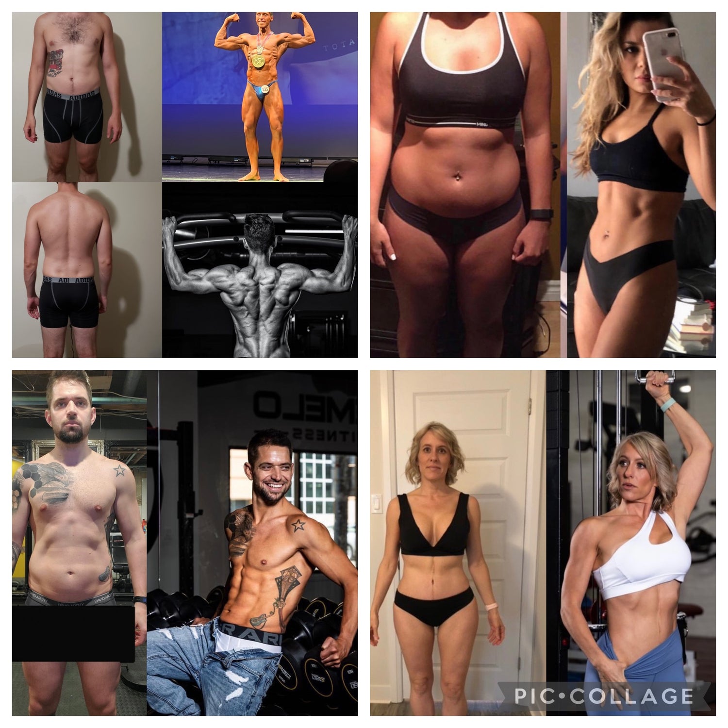 Compilation of two women and three men who have all gone through health and body improvements at the DeMelo Fitness gym. All are confidently posing showing their figures. One male is participating in a body building show.